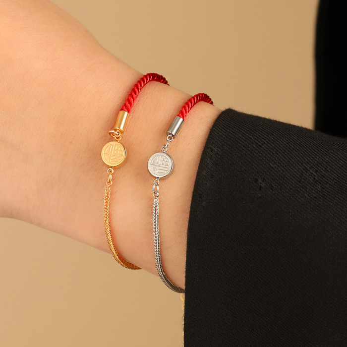 Chinese Style Double-Sided Fu Character Red String Bracelet for Women, Titanium Steel Fashionable Personalized Woven...