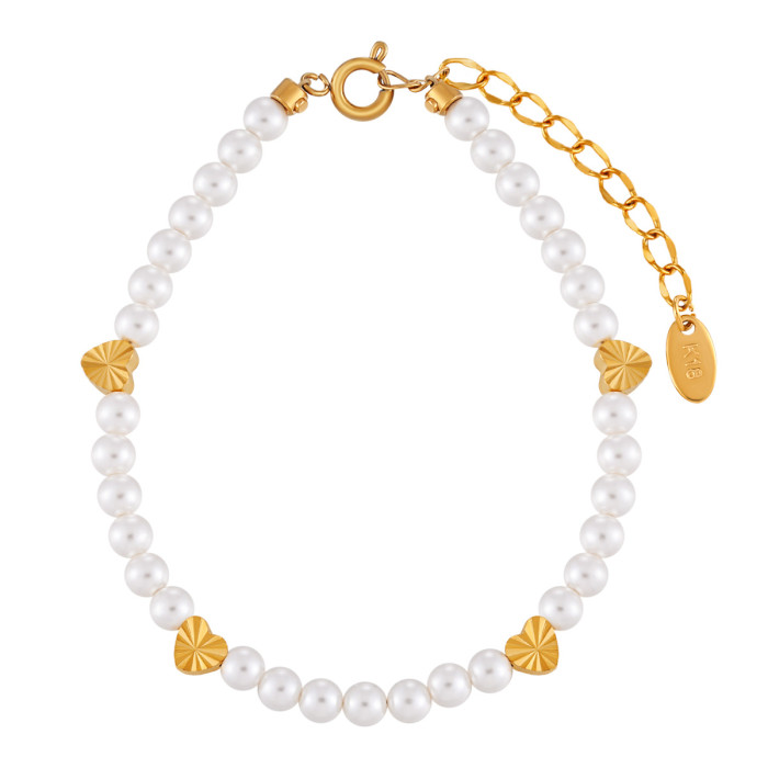 French Retro Design Laser Surface Flower Heart Titanium Steel Bracelet Gold Ins Style Personality Glass Pearl Jewelry
