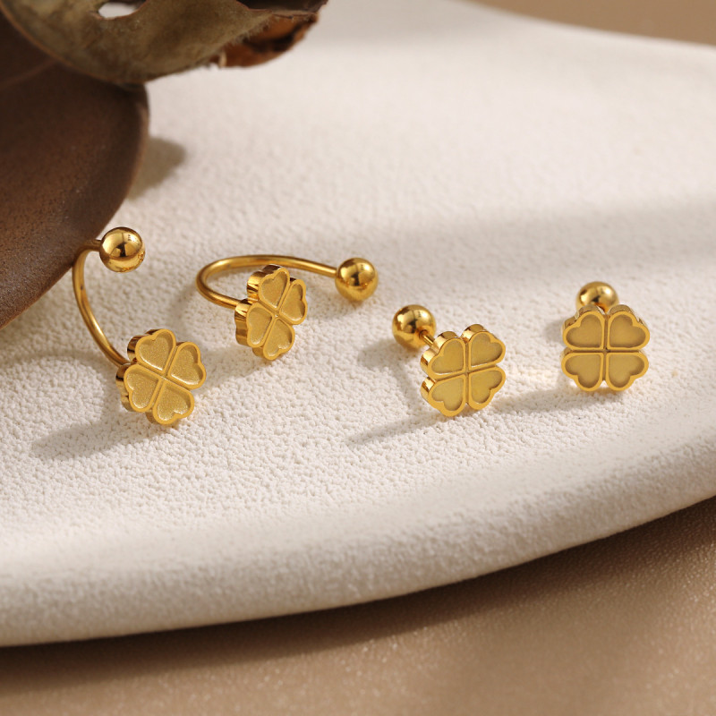 Trendy Fashion Four-Leaf Clover Earrings Korean Style Ins Style Simple Small Heart Screw Titanium Steel Ear Bone Stud Earrings