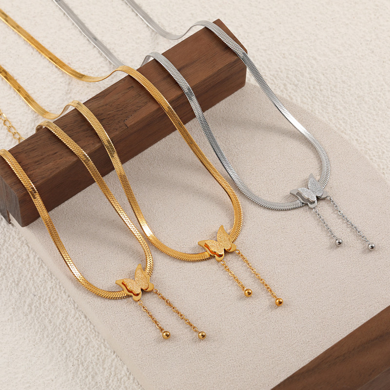 Korean Style Ins Niche Sweet Snake Bone Matte Butterfly Necklace Women Fashion Personality Gold-Plated Anklet Set Jewelry