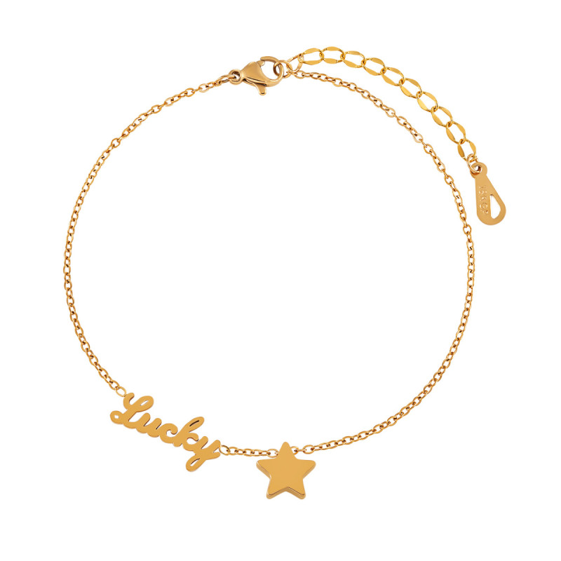 Korean Style Ins Simple Versatile LUCKY Five-Pointed Star Lucky Anklet for Women Fashionable Personality Gold-Plated Titanium Steel Foot Jewelry