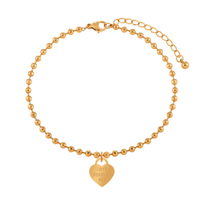 Korean Style Ins Niche Simple Versatile Round Bead Heart LOVE Anklet Fashion Personality Gold Plated Titanium Steel F...
