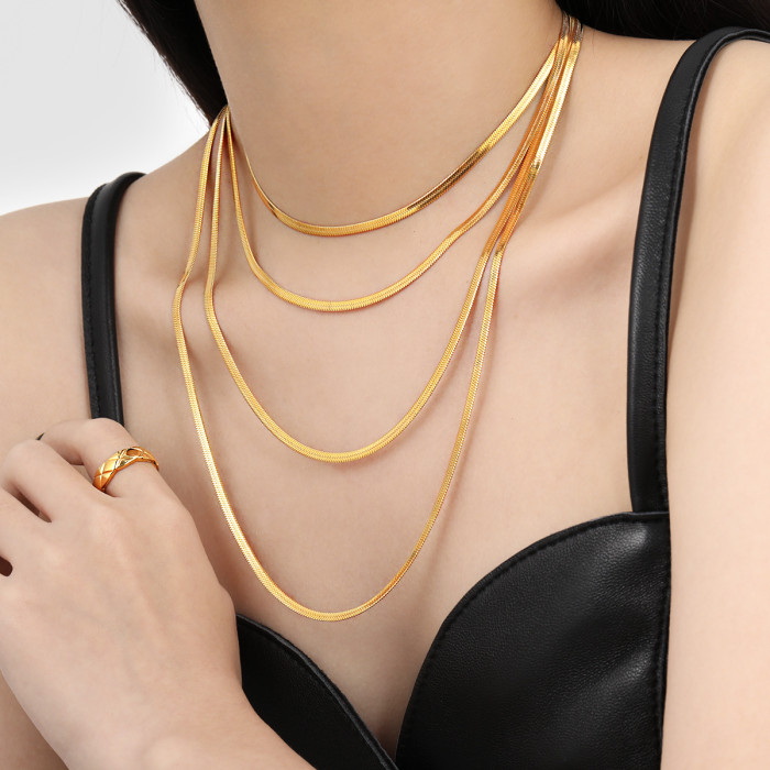 Fashion Simple Flat Snake Bone Chain Bare Chain Necklace for Women, Unique and Versatile Gold Plated Titanium Steel C...