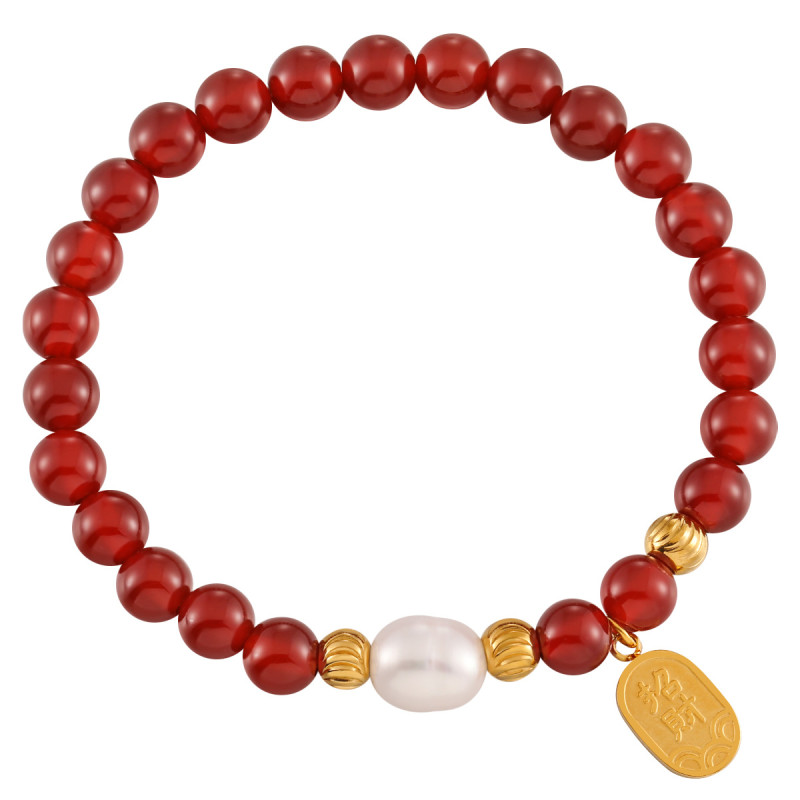 New Chinese Style Zodiac Year Wealth-Attracting Fortune Square Titanium Steel Bracelet Freshwater Pearl Handmade Red Agate Beaded Jewelry