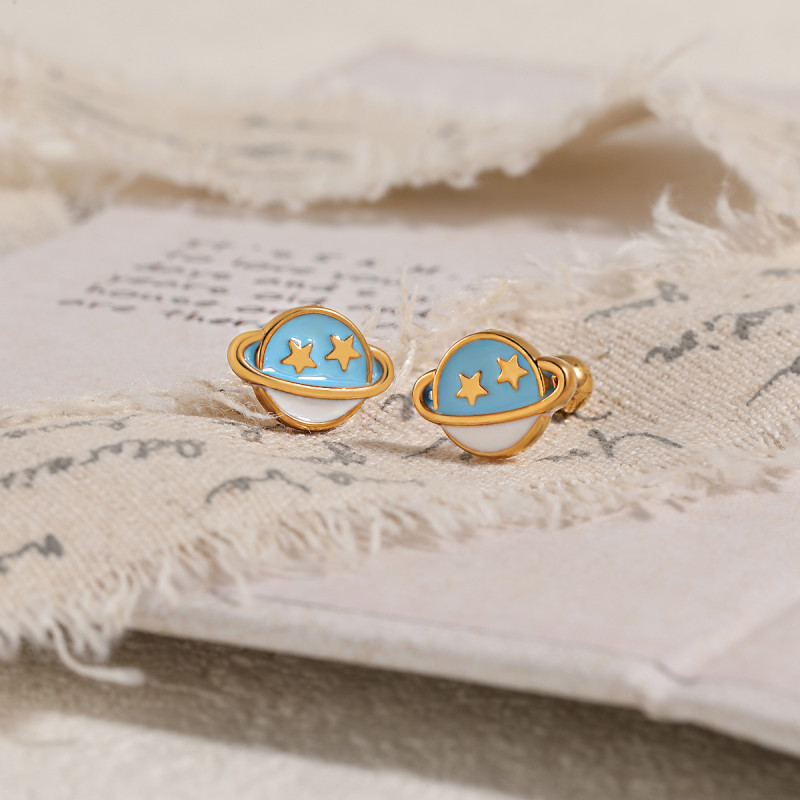 New Niche Simple Korean Cartoon Dreamy Planet Epoxy Ear Bone Stud Fashion Personality Gold-Plated Titanium Steel Earrings