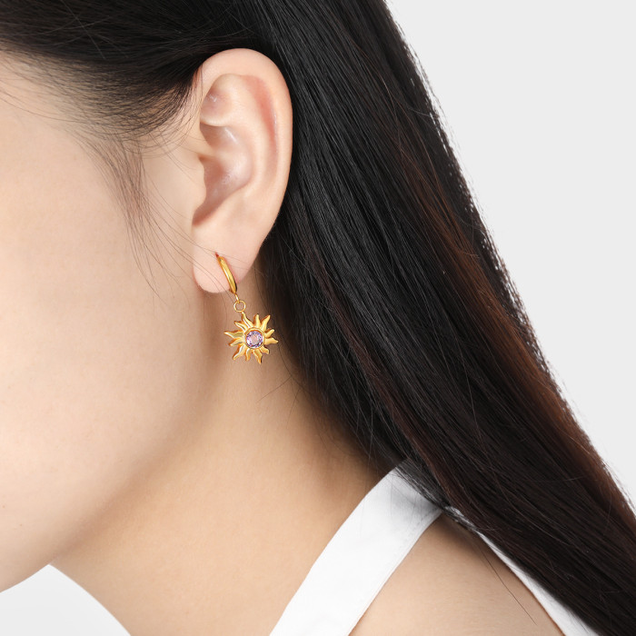 New Simple Sunflower Zircon Colorful Stone Earrings Fashionable Personality Women High-end Gold Plated Titanium Steel...