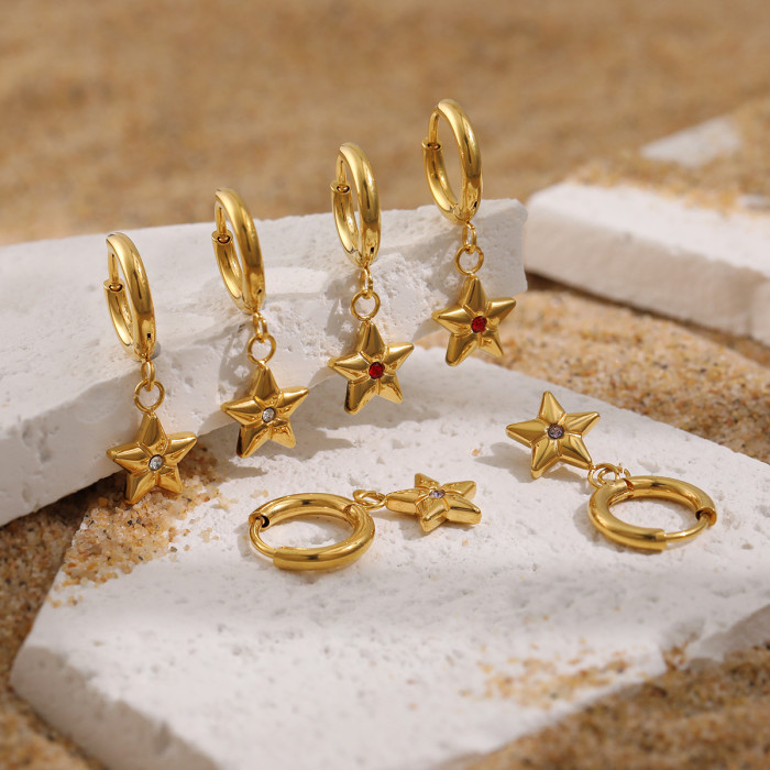 Hot Selling Ins Colorful Zircon Five-Pointed Star Earrings Plated 24K Real Gold Fashion Stainless Steel Earrings Acce...