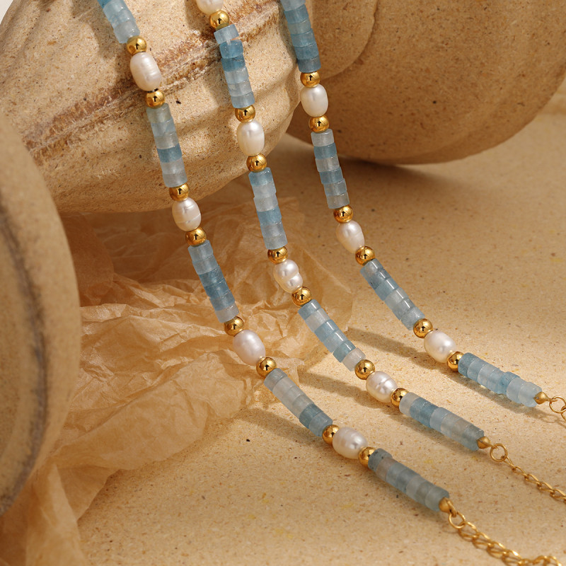 Natural Aquamarine Pearl Handmade Bracelet for Women, European and American Cross-Border Light Luxury Ins Style, Unique Titanium Steel Jewelry