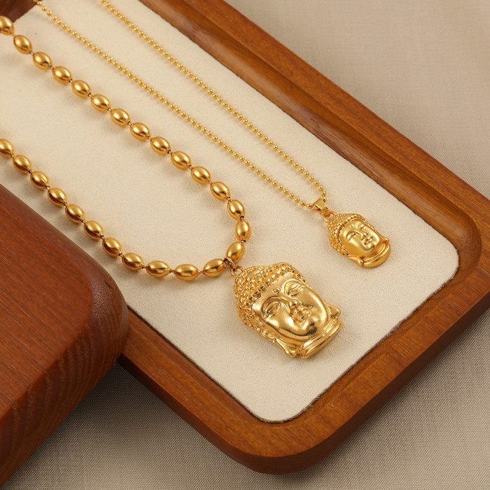 New Chinese Style National Trend Matte Eternal Peace Small Buddha Head Pendant Fashionable Personality Gold Plated Titanium Steel Necklace for Women