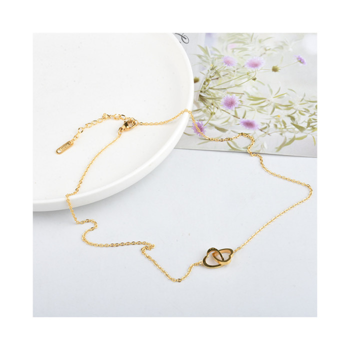 Korean Style INS Electroplated Real Gold Color Retention Heart Collarbone Chain Women's Fashion Niche Design Love Double Ring Necklace