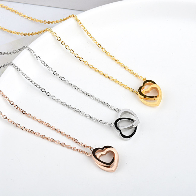 Korean Style INS Electroplated Real Gold Color Retention Heart Collarbone Chain Women's Fashion Niche Design Love Double Ring Necklace