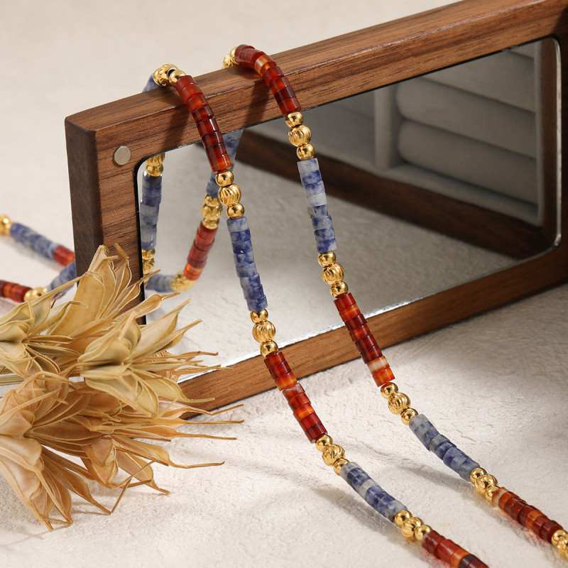 Fashion Vintage Style Spotted Red and Blue Natural Stone Bead Necklace with Magnetic Clasp Ins Niche High-end Collarbone Chain