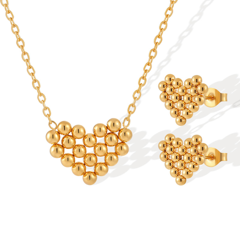Korean Style Personality Trend Niche Popular Patchwork Heart Beads Titanium Steel Gold-Plated Necklace Earrings Jewelry Set Wholesale