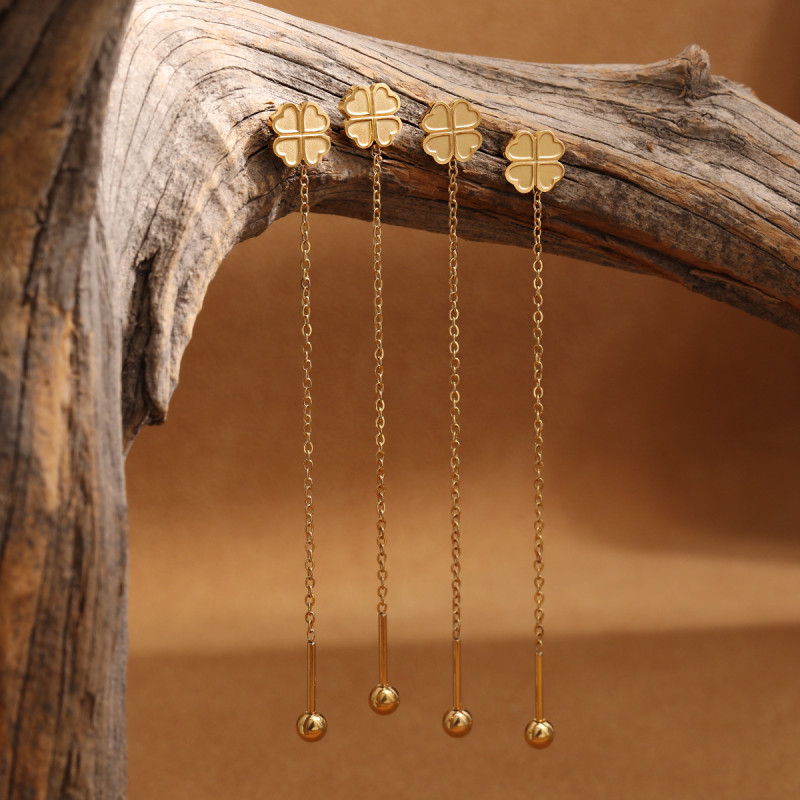 Korean Style Ins Style Long Gold Tassel Ear Thread Female Temperament fashion Advanced Love Four-leaf Clover Screw Ear Jewelry