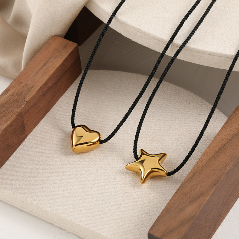 European and American New Style Niche Simple Hollow Five-Pointed Star Heart Black Rope Necklace for Women Fashionable Personality Gold-Plated Titanium Steel Jewelry