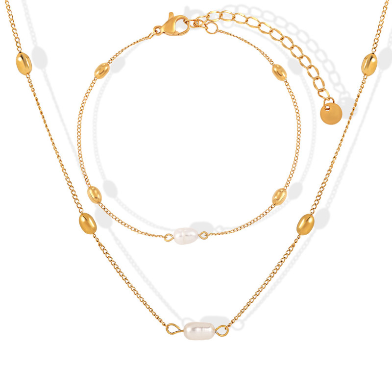 Niche Design INS High-End Fashion Personality Geometric Freshwater Pearl Titanium Steel Necklace Bracelet Women's Set