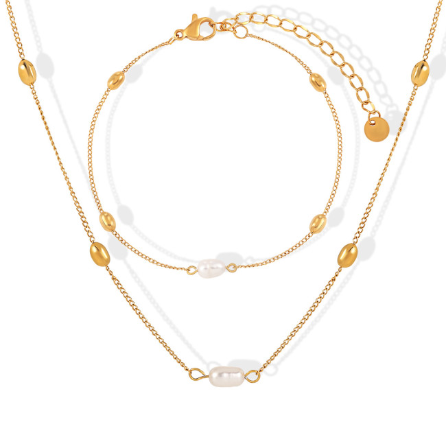 Niche Design INS High-End Fashion Personality Geometric Freshwater Pearl Titanium Steel Necklace Bracelet Women's Set
