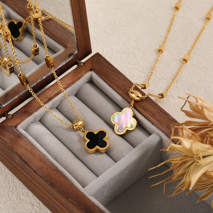 Korean Style Light Luxury Fashion Simple Double-Sided White Mother-of-Pearl Four-Leaf Clover Necklace Sweater Chain Niche Titanium Steel Collarbone Chain