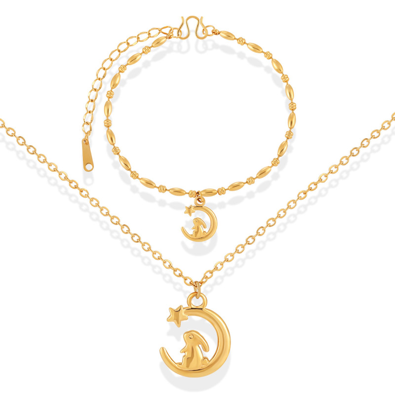 Niche High-End Design Moon Rabbit Necklace Beaded Bracelet Fashion Versatile Women's Light Luxury Titanium Steel Jewelry Set