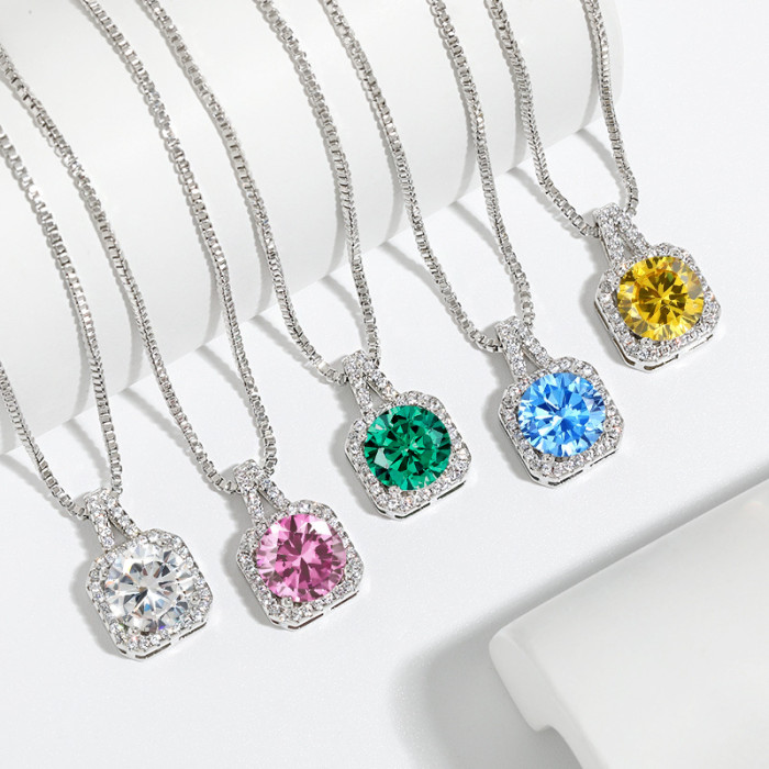 Cross-Border Hot Selling Twelve Star Stone Cube Sugar Necklace European and American Gem Internet Celebrity High-Grade Four-Claw Square Bag Necklace