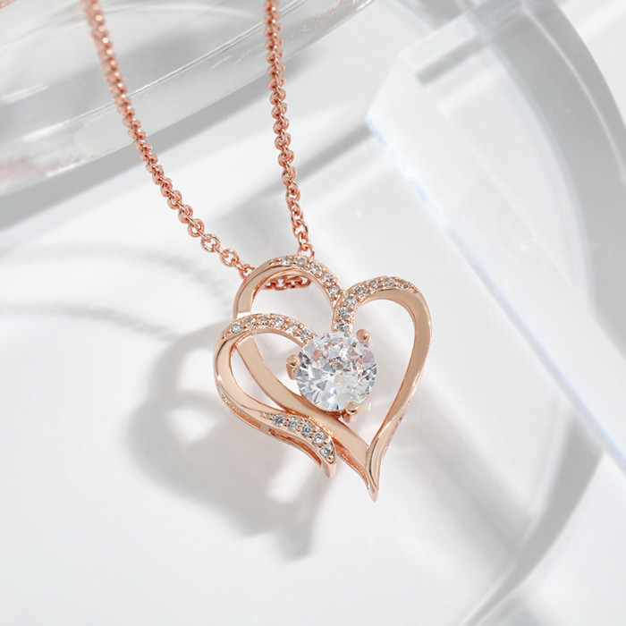 Cross-Border Platinum Double-Heart Pendant Necklace Women's Heart-to-Heart Elegant Temperament High-Grade Inlaid Zircon Heart Necklace