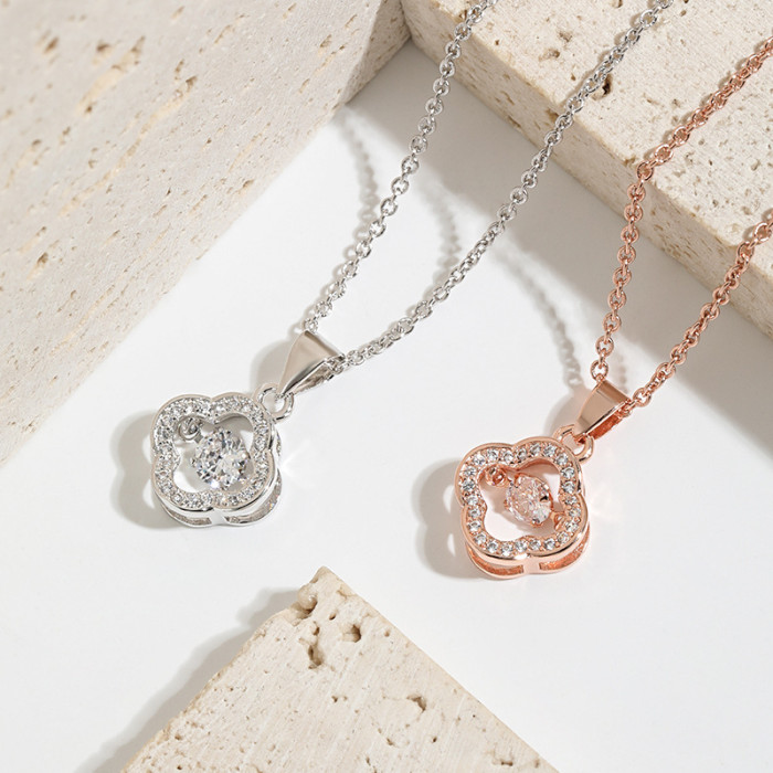 Lucky Clover Main Stone Dancing Pendant Necklace Rose Gold Beating Heart Korean Version Simple and Lively Four-leaf Clover Necklace