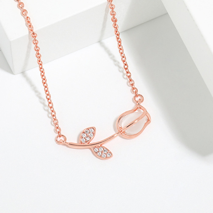 Cat's Eye Stone Rose Flower Pendant Collarbone Chain Korean INS Style Niche Design High-End Sensation Chalcedony Tulip Necklace