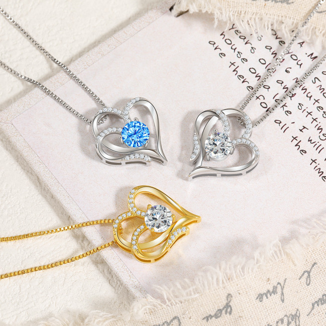 Amazon New Double Heart Pendant Necklace for Women European and American High-End Inlaid Colorful Zircon Heart-to-Heart Love Necklace