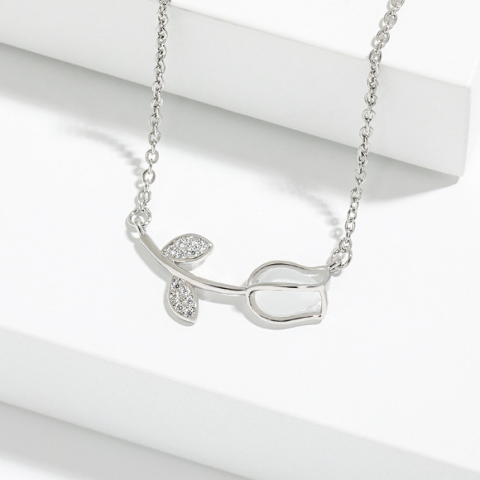 Cat's Eye Stone Rose Flower Pendant Collarbone Chain Korean INS Style Niche Design High-End Sensation Chalcedony Tulip Necklace
