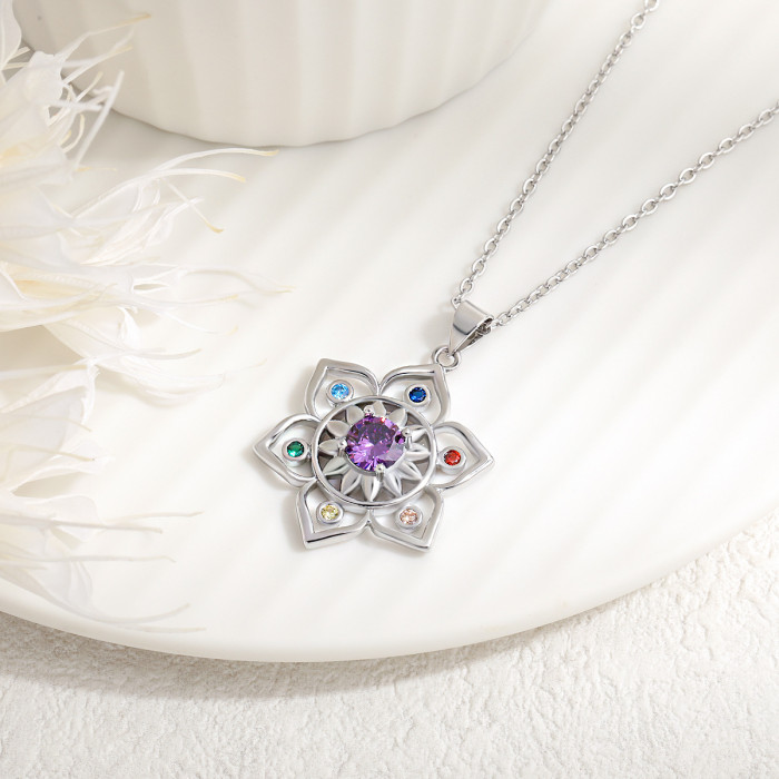 European and American Style Hollow Flower Pendant New Shein Amazon Hot Sale Round Purple Edge Colorful Lotus Necklace