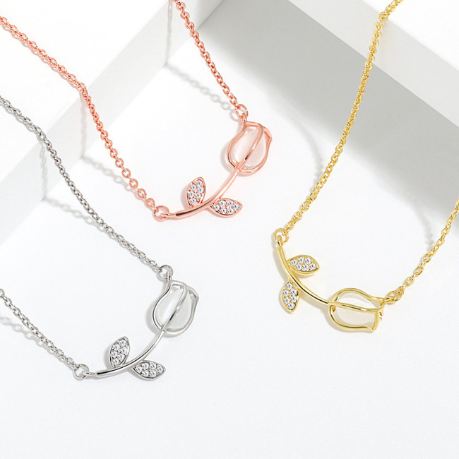Cat's Eye Stone Rose Flower Pendant Collarbone Chain Korean INS Style Niche Design High-End Sensation Chalcedony Tulip Necklace