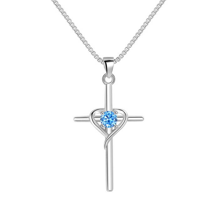 Cross-Border Heart-Shaped Zodiac Stone Collarbone Chain European and American Retro Minimalist Faith Cross Necklace