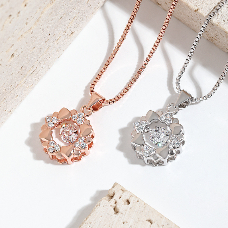 18K Rose Gold Heart-Shaped Dancing Pendant Necklace Gift for Girlfriend Double Layer Snowflake Dancing Heart Bud Dynamic Necklace