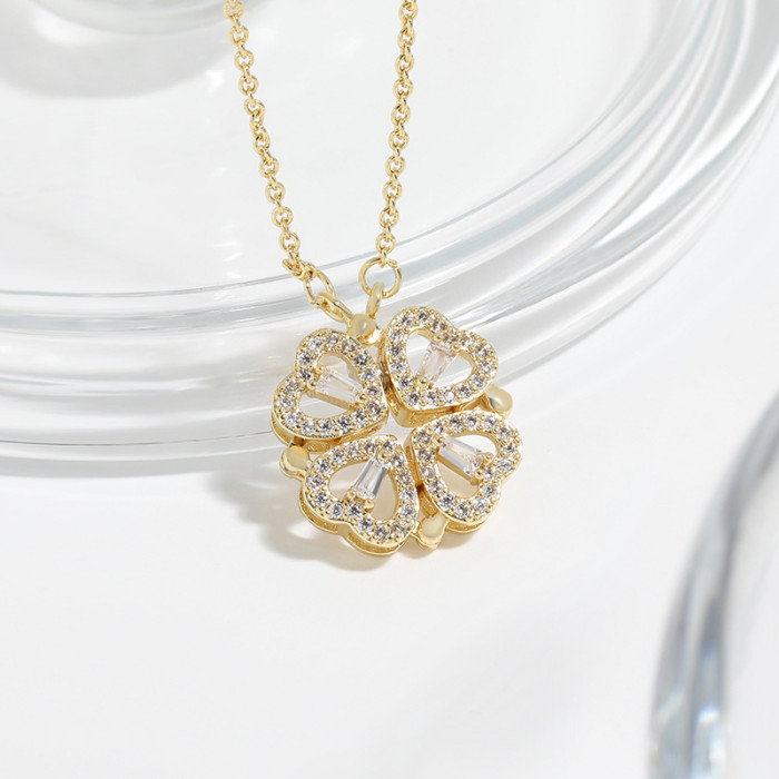 Dual-Wear-Style Love Heart Flowers Pendant Heart-Connected Niche Design-Style Multi-Wear Heart-Shaped Clover Necklace