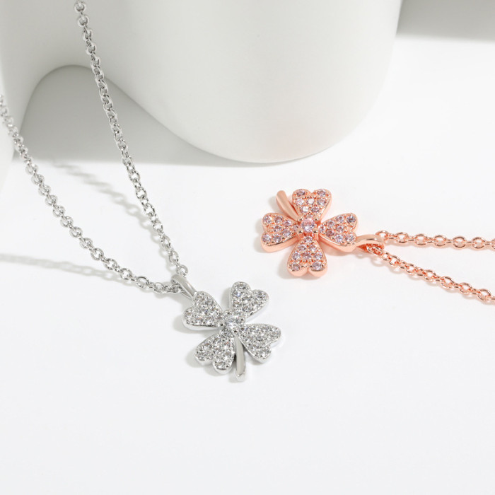 Pink Diamond Lucky Clover Pendant Collarbone Chain for Women, Internet Celebrity Live Streaming Niche Design INS Style Fashion Four-Leaf Clover Necklace