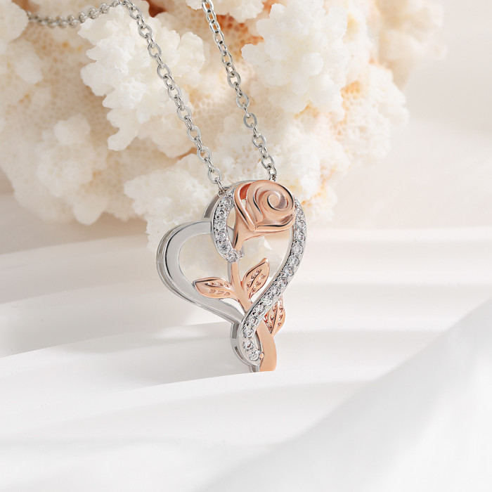 Amazon Bestselling Pendant Split Gold Valentine's Day Gift European and American Internet Celebrity Inlaid Diamond Wrapped Heart Rose Necklace