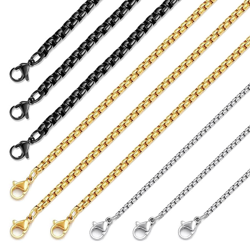 European and American Style Square Pearl Stainless Steel Necklace Chain Handmade Titanium Unisex DIY Jewelry Accessories 60cm 3m8 Black Collarbone Beads