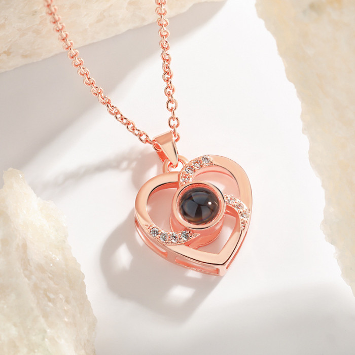 One Hundred Languages Projection Stone Pendant Necklace for Women One Hundred I Love You Hollow Heart Necklace