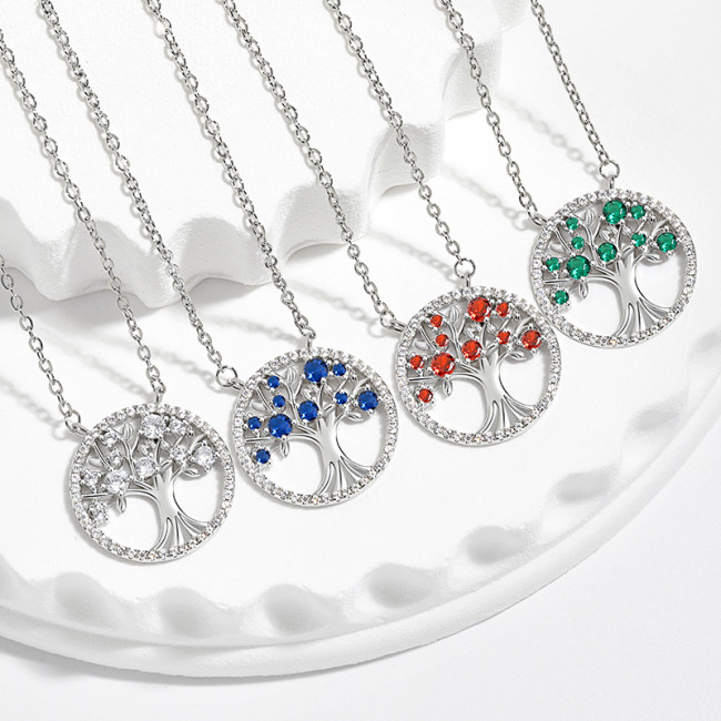 Bohemian Colorful Zircon French Style Necklace for Women Cross-Border Hot-Selling Religious Hollow Nature Tree of Life Necklace