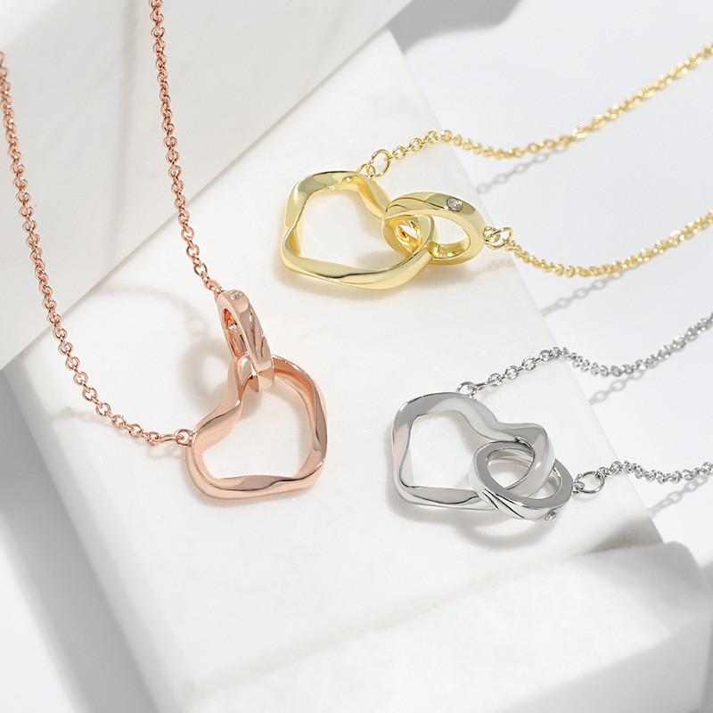 Korean Version New Product Tin Foil Wrinkle Double Ring Collarbone Chain Interlocking Heart-shaped Irregular Möbius Strip Necklace