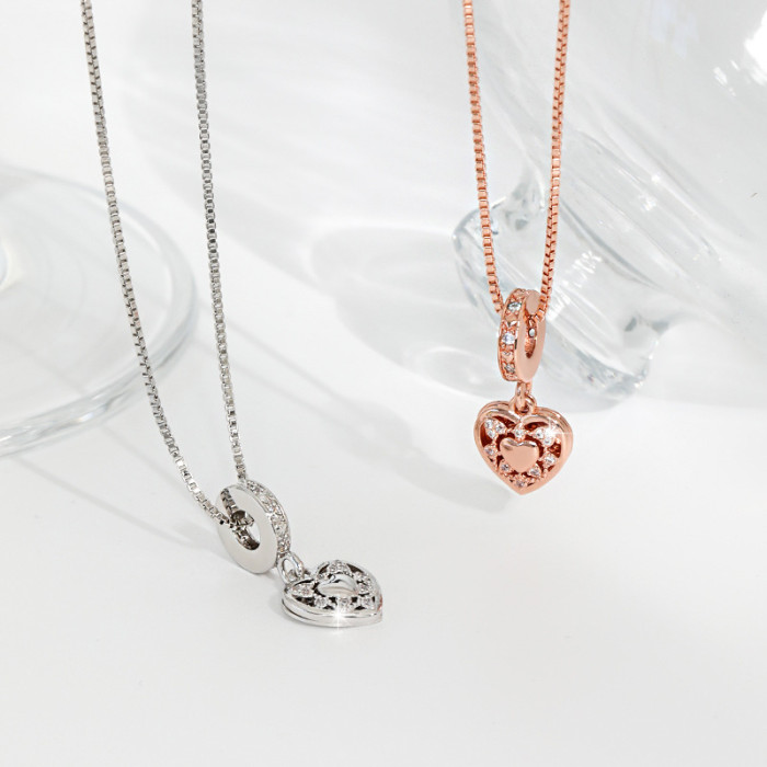 18K Gold Couple Double Layer Heart Pendant European and American Luxury New Rose Gold Full Diamond Hollow Hexagram Heart Necklace