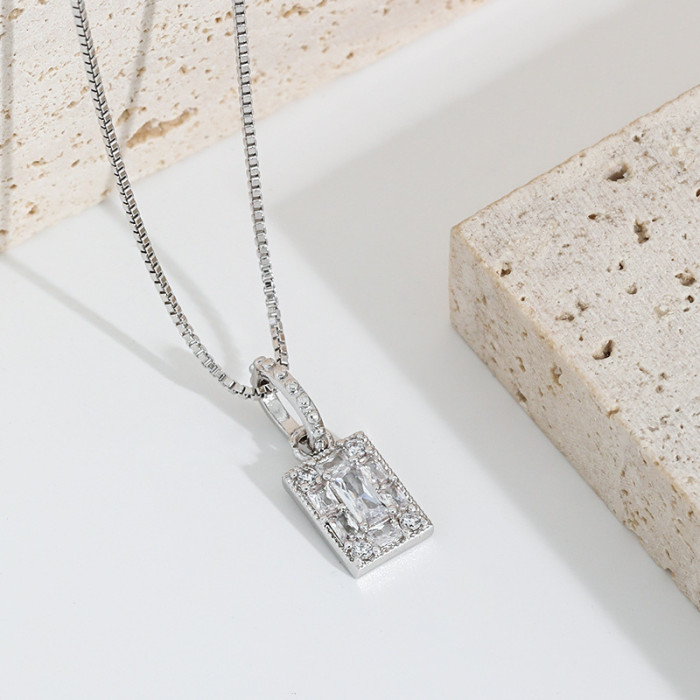 Internet Celebrity Live Square Pendant Necklace Original Design High-end Simple Full Diamond Trapezoid Diamond Rectangle Necklace