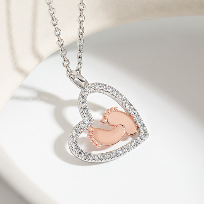 Cross-Border Amazon Hot-Selling Color-Blocked Heart Necklace Mother's Gift Footprints of Love Baby Heart Footprint Necklace
