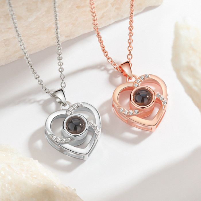 One Hundred Languages Projection Stone Pendant Necklace for Women One Hundred I Love You Hollow Heart Necklace