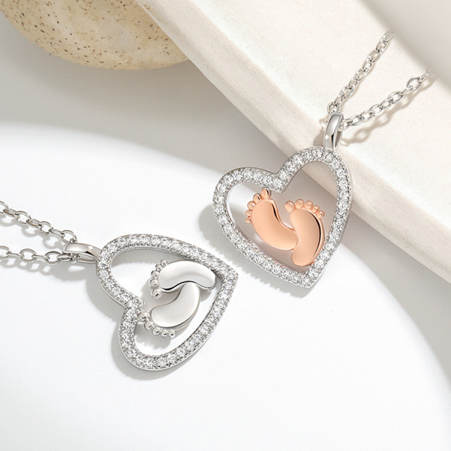Cross-Border Amazon Hot-Selling Color-Blocked Heart Necklace Mother's Gift Footprints of Love Baby Heart Footprint Necklace