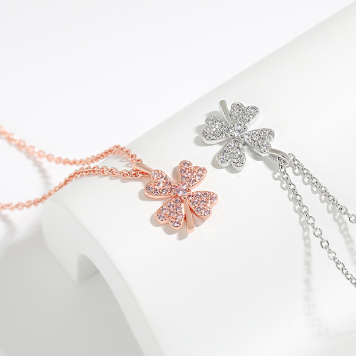 Pink Diamond Lucky Clover Pendant Collarbone Chain for Women, Internet Celebrity Live Streaming Niche Design INS Style Fashion Four-Leaf Clover Necklace