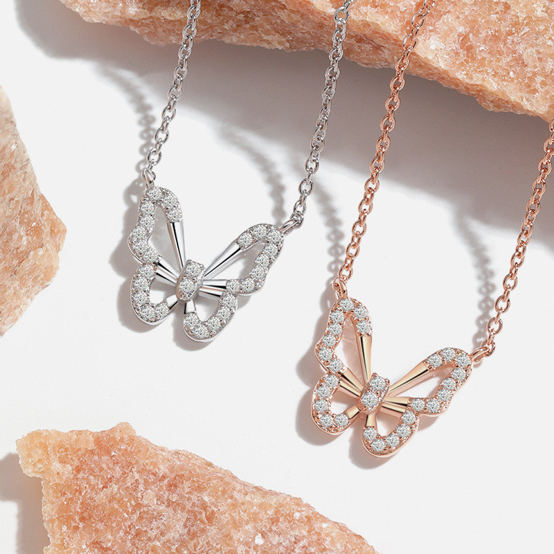 18K Rose Gold Bow Pendant Collarbone Chain Korean Style Personality Design High-end Full Diamond Hollow Butterfly Necklace