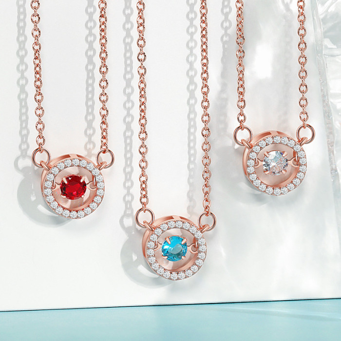 Shining Dynamic Round Pendant Necklace Set Niche Design High-end Feel Colorful Diamond Round Main Stone Beating Heart Necklace