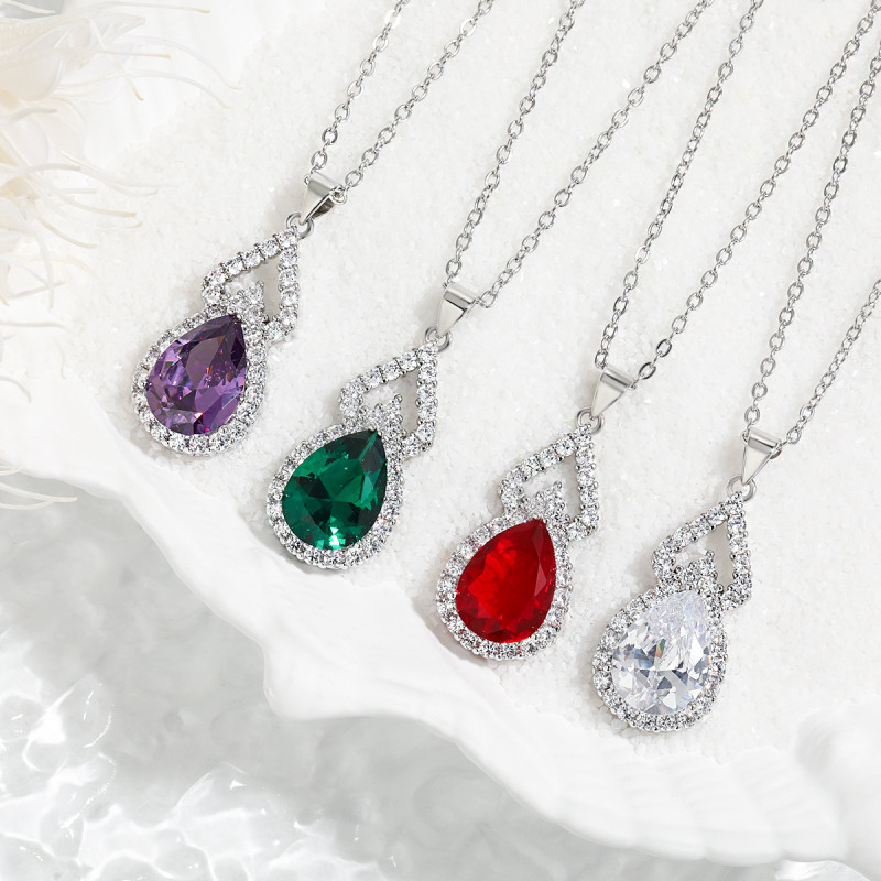 Amazon Hot-Selling New Double-Layer Pendant for Women Multi-Color High-End European and American Full Diamond Water Drop Shape Stone Gourd Shape Necklace