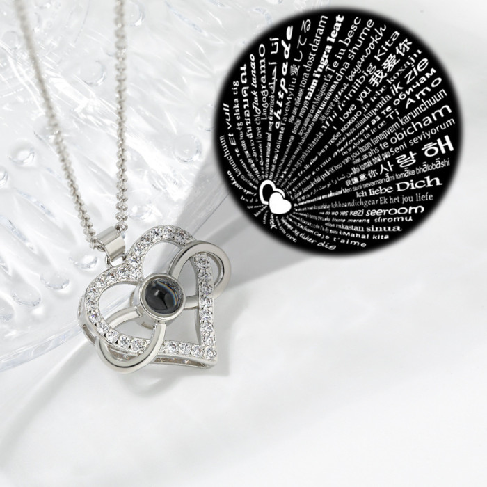 One Hundred I Love You LOVE Necklace Foreign Trade European and American High-end Projection Stone One Hundred Languages Heart Necklace